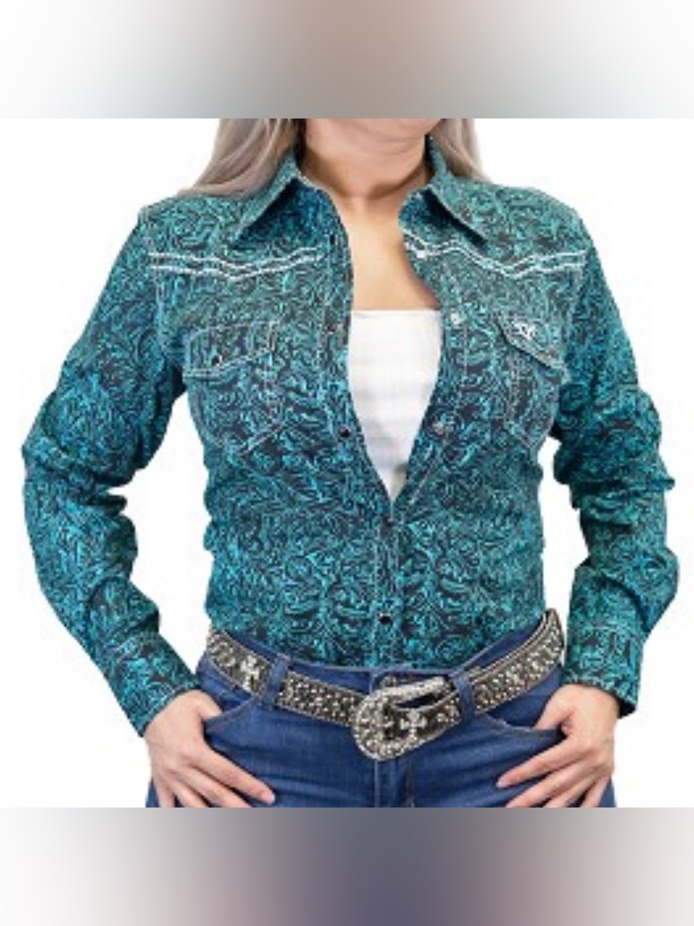 Cowgirl Hardware, XXL, turquoise floral button-up western shirt with pearl snaps